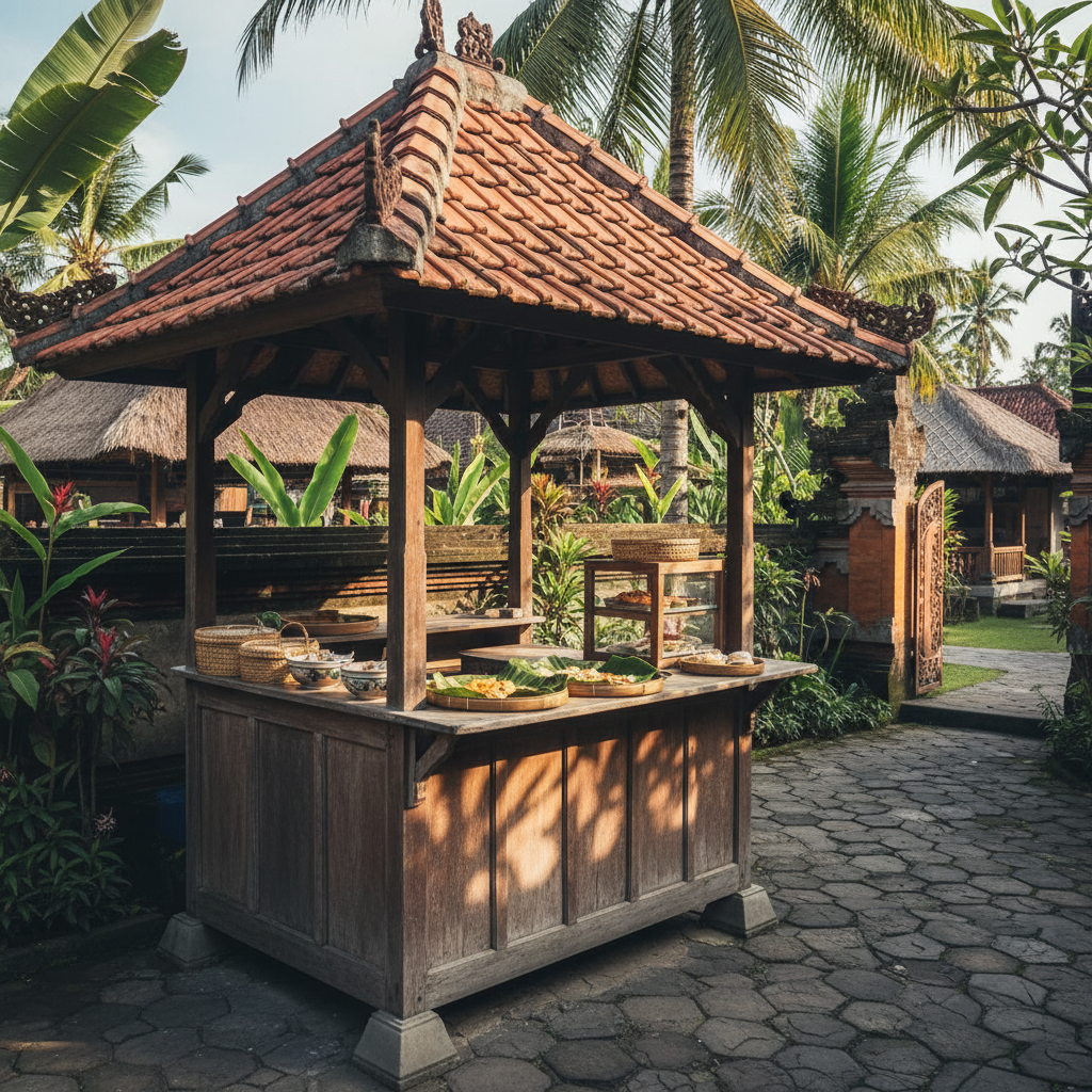 A richly detailed, photographic scene of a traditional-style warung within the Indonesia Activity Center in Amed, Bali. A compact, open-sided wooden structure with a dark, weathered timber counter and a classic Balinese tiled roof stands amid lush tropical greenery. On the counter, woven baskets, ceramic bowls, and banana-leaf-lined trays hint at local snacks without showing specific branded items. Warm, late-morning sunlight filters through surrounding palms, creating dappled patterns on the counter and stone-paved floor. The mood is welcoming and authentic, with a sense of local culture integrated into a professional complex. Shot from a slightly low, three-quarter angle using the rule of thirds, the warung is the clear focal point while the softly blurred background suggests other activity areas and pathways nearby.