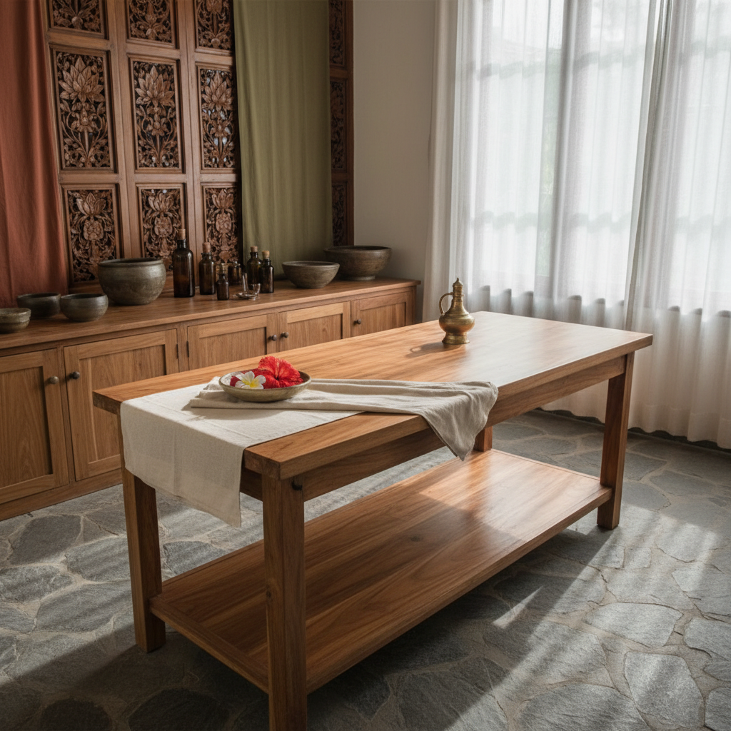 A serene, photographic interior of the ayurvedic center at the Indonesia Activity Center in Amed, Bali. A central wooden treatment table with a smooth, polished surface sits on a natural stone floor, surrounded by low wooden cabinets holding neatly arranged ceramic bowls and glass bottles. Balinese-style carved wooden panels and soft earth-toned textiles create a soothing backdrop. Gentle, diffused natural light enters through a large window with sheer white curtains, casting soft, calming shadows and subtle highlights on the wood grain. A small bowl of tropical flowers and a brass oil vessel add authentic detail. Captured from an eye-level angle with a shallow depth of field, the focus rests on the treatment table while the background softly fades, creating a tranquil, professional atmosphere perfect for promoting wellness services.