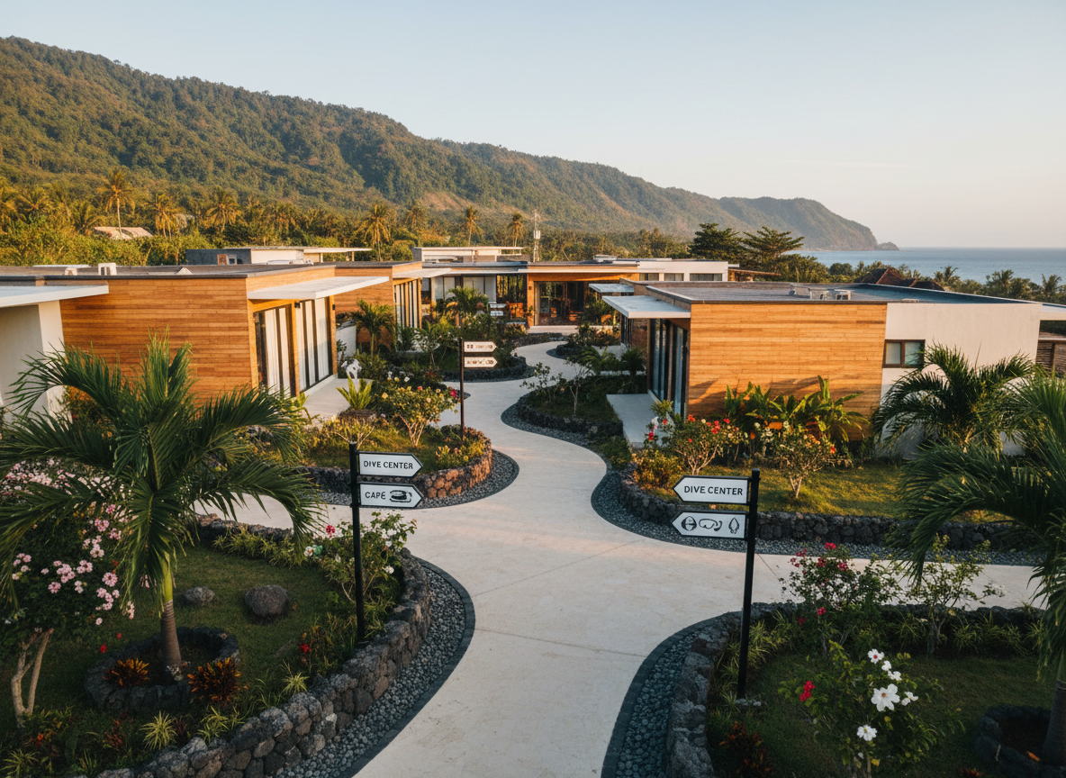 A wide, panoramic view of the Indonesia Activity Center in Amed, Bali, captured in crisp photographic realism. The foreground features a neatly maintained entrance pathway with tropical landscaping, glossy green palm fronds, and volcanic stone edging. In the midground, modern low-rise buildings with warm natural wood facades and clean white walls suggest multiple activity areas within one cohesive complex. Distant lush hills and a hint of the ocean horizon root the center clearly in coastal Bali. Soft late-afternoon sunlight casts warm, welcoming tones and long gentle shadows, creating a professional yet relaxed atmosphere. Shot from a slightly elevated angle with sharp focus throughout, the composition uses the rule of thirds to highlight clear wayfinding signage and a sense of organized navigation around the property, ideal as a homepage hero image.