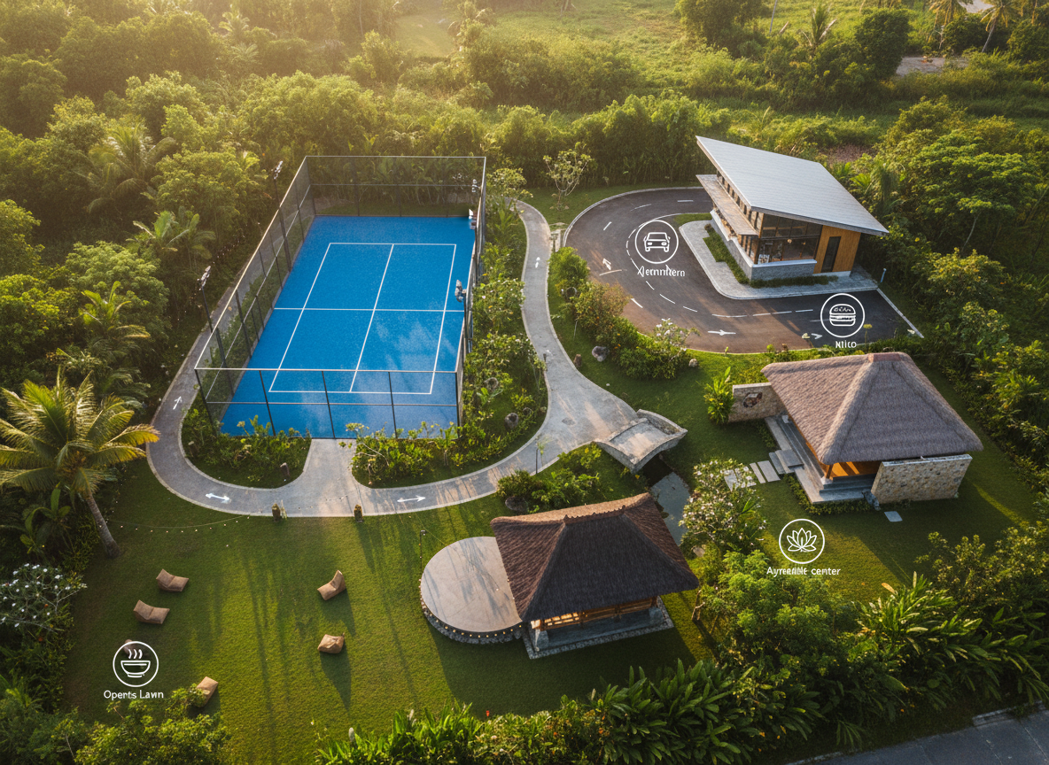 A professional aerial-style photographic view of the Indonesia Activity Center’s layout, clearly showing the padel court, drive-thru restaurant, ayurvedic center, traditional warung, and an open events area arranged within a single landscaped complex. The padel court’s vivid blue surface contrasts with surrounding green gardens, while the drive-thru lane curves smoothly around a modern food kiosk. The ayurvedic center appears as a calm, wood-and-stone pavilion, and the warung is a cozy structure with a classic Balinese roof. Golden hour sunlight creates a warm, unified tone across the scene. The composition emphasizes clarity and navigation, with unobtrusive icons and markers subtly integrated into the environment, shot with sharp focus and a clean, informative, photographic realism suitable for an “Explore Our Facilities” section.