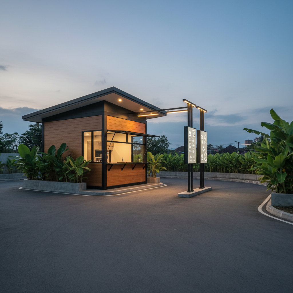 A clean, modern photographic scene of the drive-thru restaurant at the Indonesia Activity Center in Amed, Bali. A sleek, compact service building with warm wood cladding, matte black accents, and a generous service window stands beside a smoothly paved lane that curves around it. Minimalist menu boards are present but intentionally unreadable, suggesting clear options without showing text. Soft, diffused evening light from overhead fixtures mixes with the last natural daylight, creating an inviting, professional glow. Tropical plants in low planters soften the edges of the space. Shot at eye level with a slight three-quarter angle, the composition emphasizes the intuitive flow of vehicles through the drive-thru. The atmosphere is efficient yet relaxed, ideal for illustrating convenient dining within the activity center.