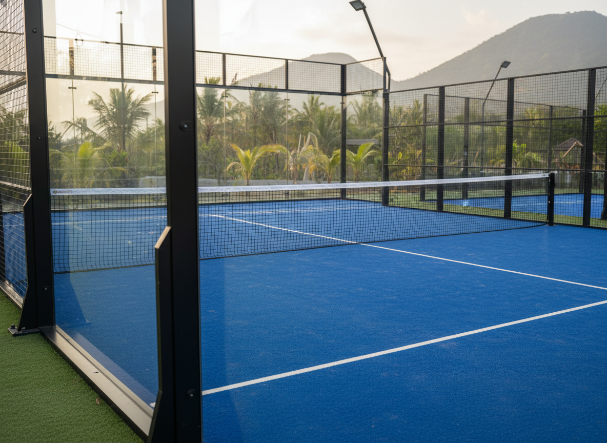 A highly detailed, photographic close-up of a pristine padel court at the Indonesia Activity Center in Amed, Bali. The surface is a vibrant, freshly maintained blue with crisp white boundary lines and a taut central net with fine, clearly visible mesh texture. Surrounding the court are low glass walls and dark metal posts, with subtle reflections of nearby palm trees and volcanic hillsides. Soft tropical late-afternoon light creates gentle highlights on the court surface and delicate shadows along the lines, giving a dynamic yet orderly feel. Captured from a slightly elevated corner angle, the composition leads the eye diagonally across the court, with the background softly blurred to hint at the wider center. The mood is energetic and professional, ideal for promoting sports bookings and activities.